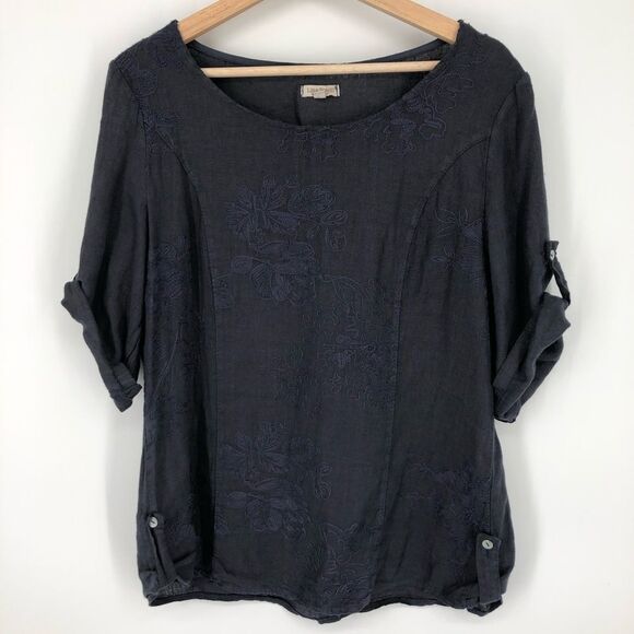 Lina Tomei Embroidered Top Womens Large Blue 100% Linen Floral Roll Tab Sleeves - Picture 1 of 13